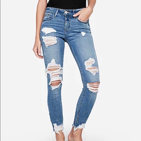 Express Denim - Express Mid Rise Medium Wash Ripped Ankle Leggings